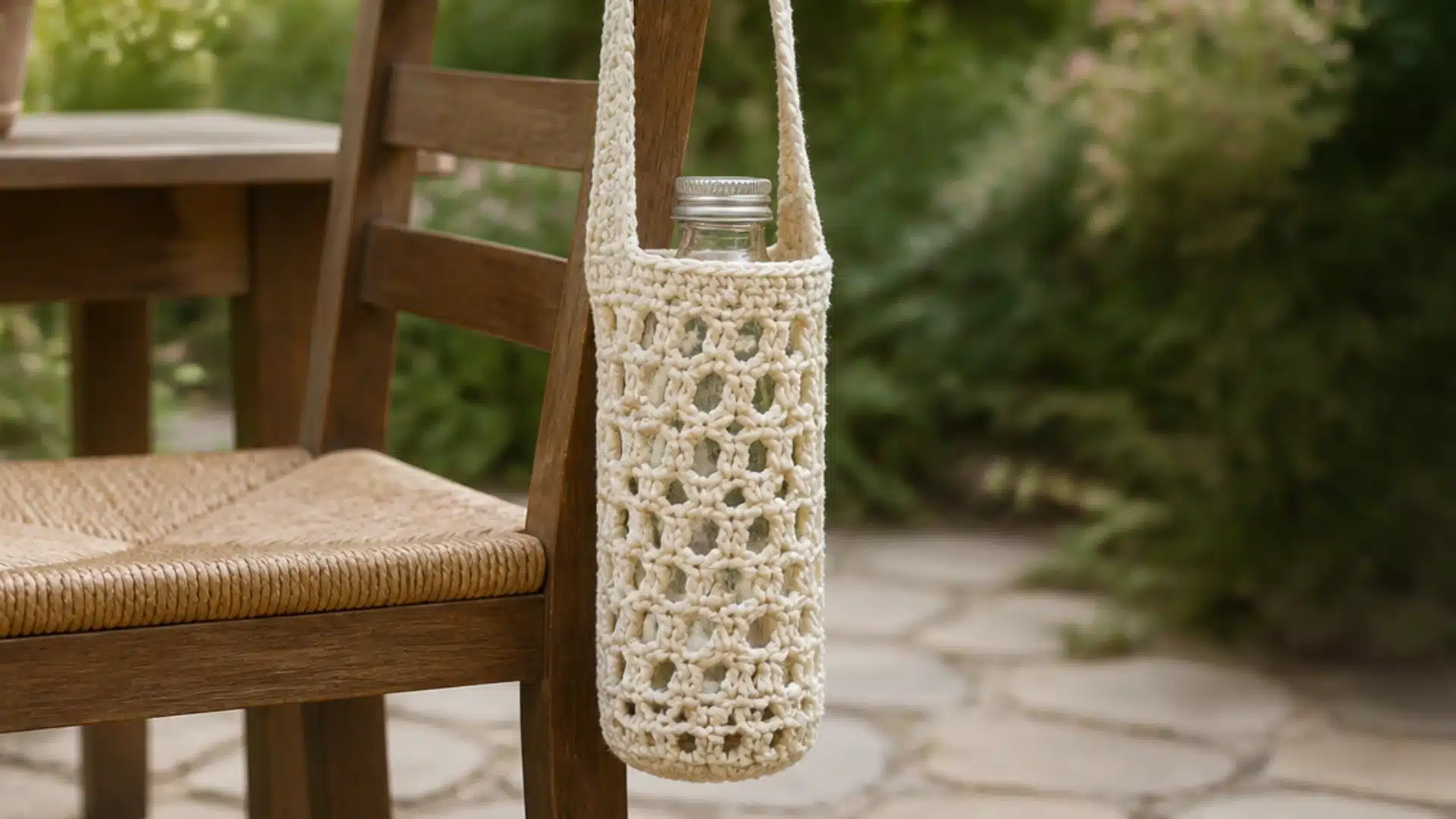 Cream lacy <echighlighted><echighlighted>crochet water bottle holder</echighlighted></echighlighted> with an open mesh pattern and long strap hanging from a wooden chair