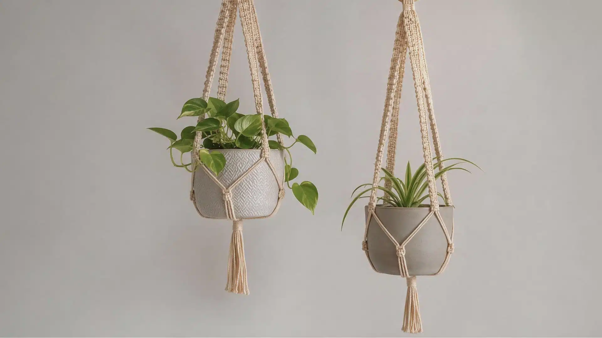 Two cream lacy crochet plant hangers holding leafy green plants in neutral ceramic pots against a plain wall.