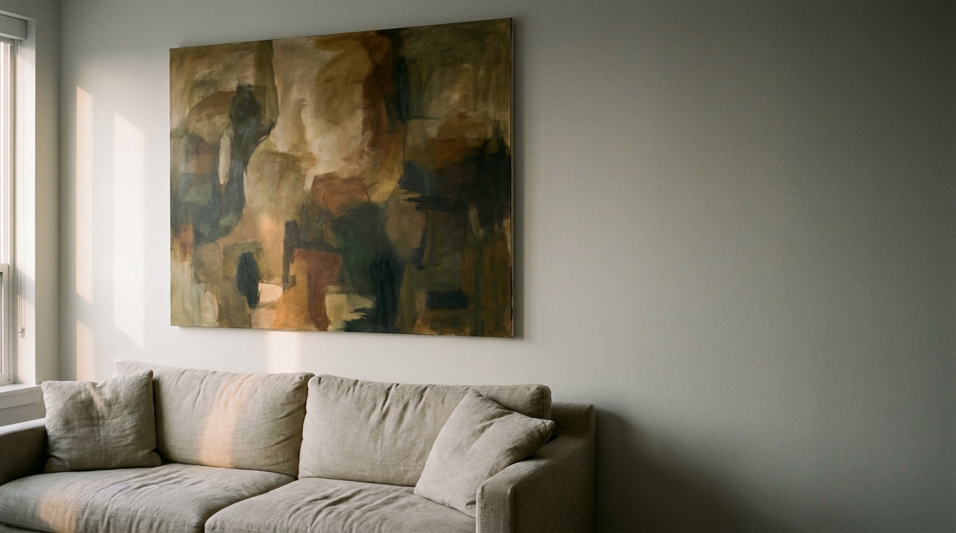 Abstract painting above beige sofa in sunlit living room with neutral walls