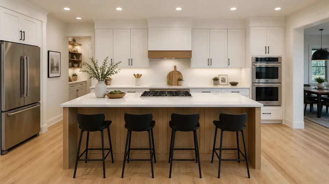 Spacious white farmhouse kitchen with a large wood island, marble countertop, bar seating, and pendant lights