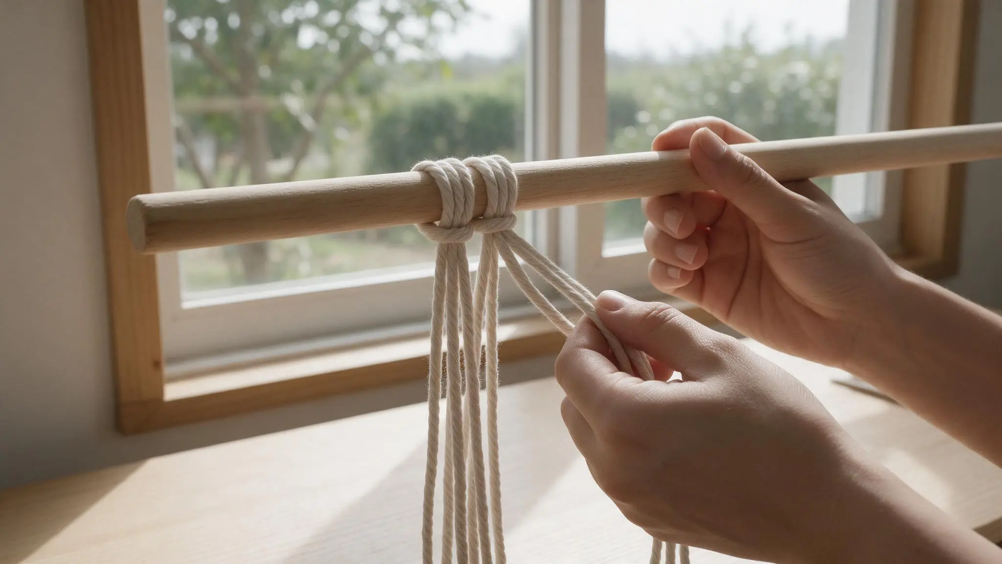 White ropes secured to a wooden dowel using lark’s head knots