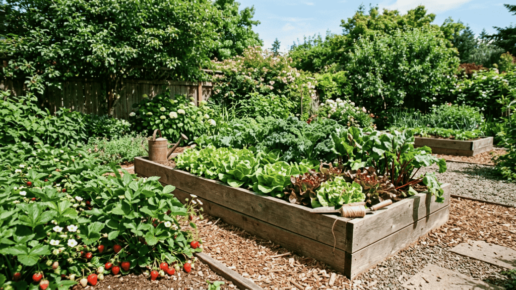 lasagna garden bed filled with layered organic matter and young vegetable plants