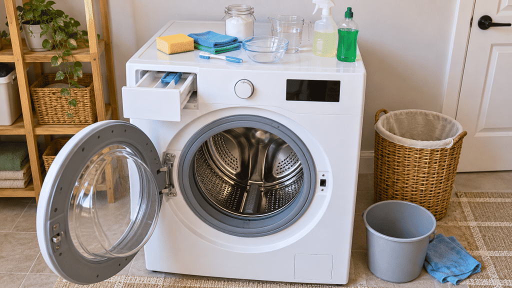 Open front-load washer with cleaning supplies, detergent drawer, drum, and rubber gasket visible