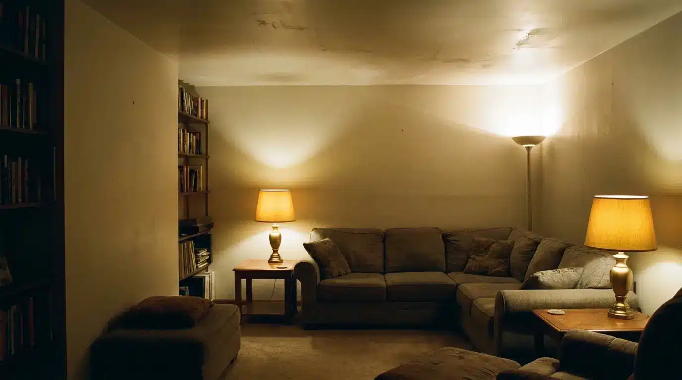Cozy living room with gray sectional sofa, warm lighting, and bookshelves on a beige wall