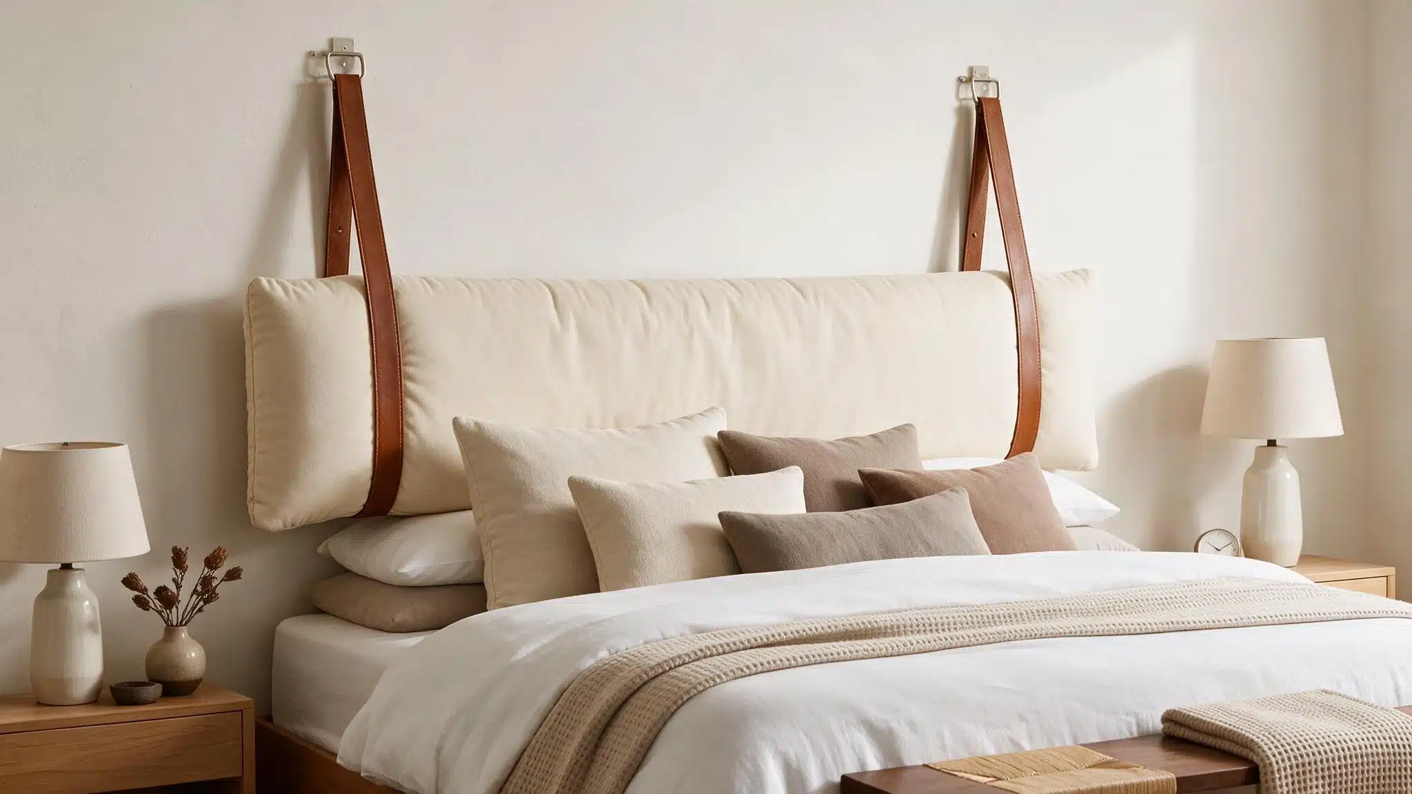 Cream padded headboard suspended from brown leather straps above a neutral bed