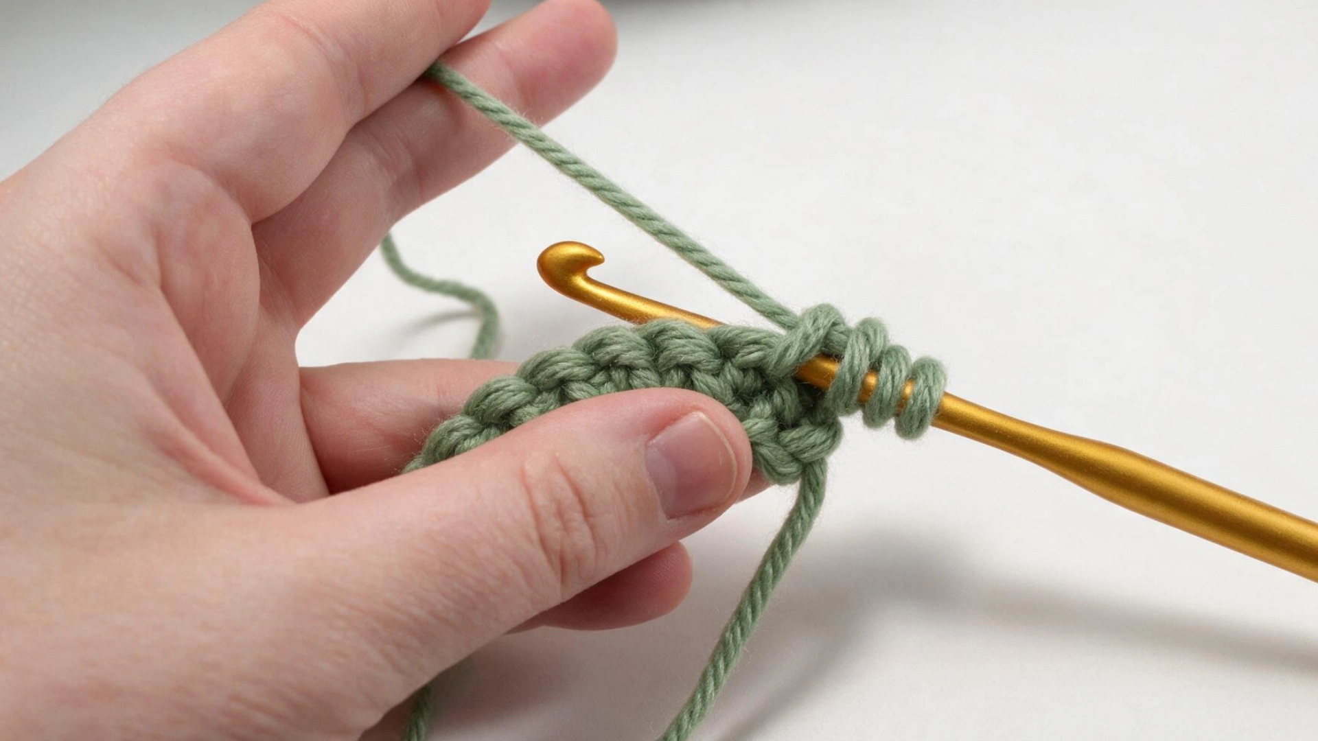 Unfinished double crochet stitches worked into the same stitch with multiple green yarn loops on the hook.