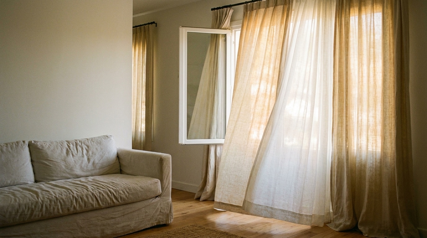 Cozy living room with beige sofa and sheer curtains under natural light