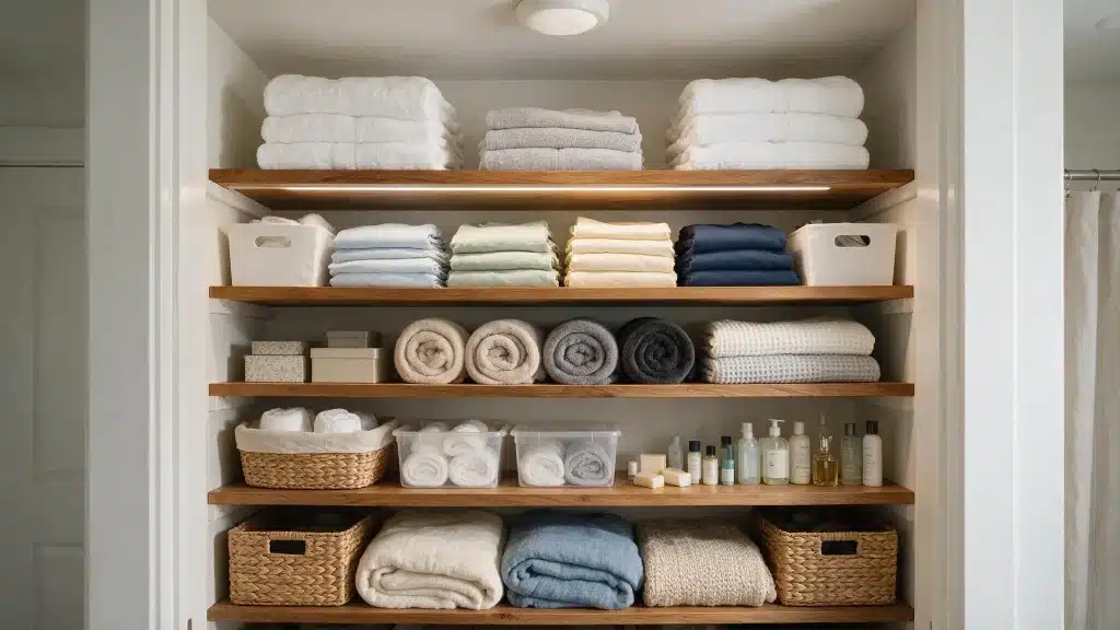 Organized linen closet with folded towels blankets clear bins woven baskets toiletries and neatly arranged shelves.