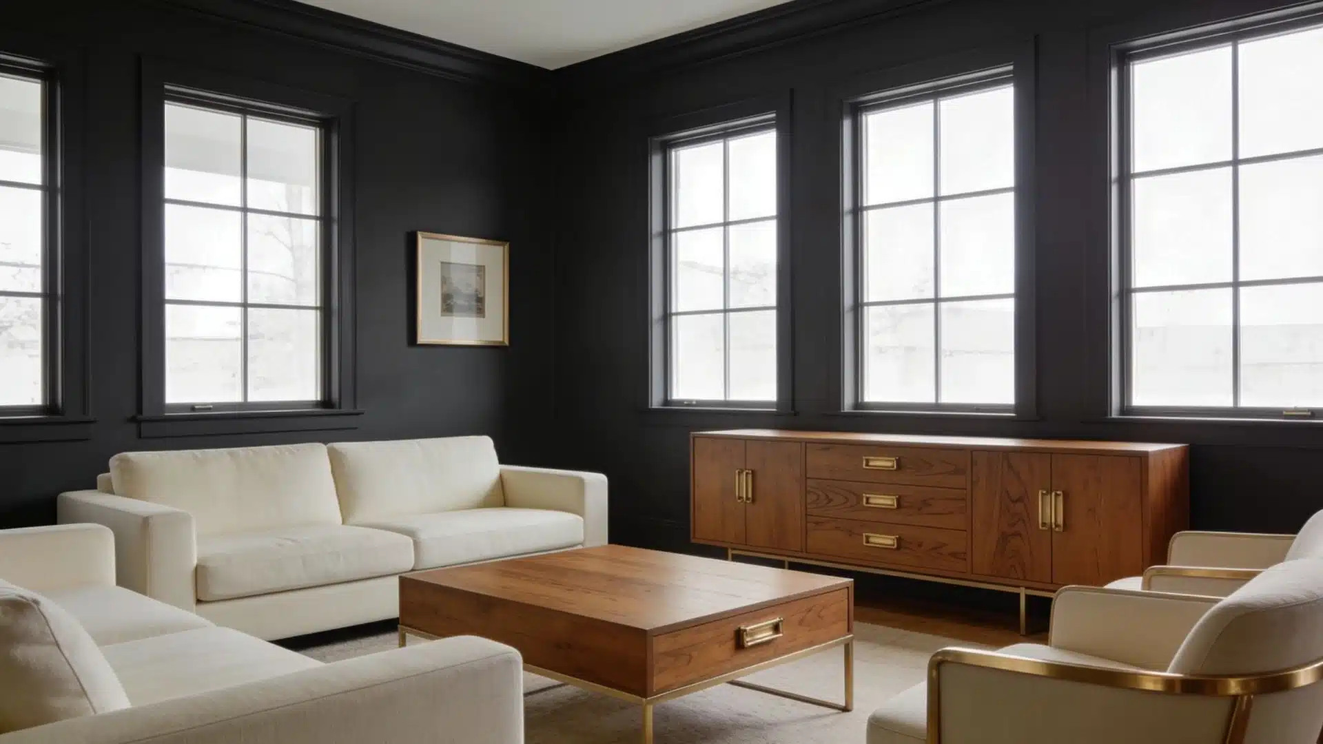 A modern living room featuring black walls and stylish white furniture, creating a striking contrast in the space.