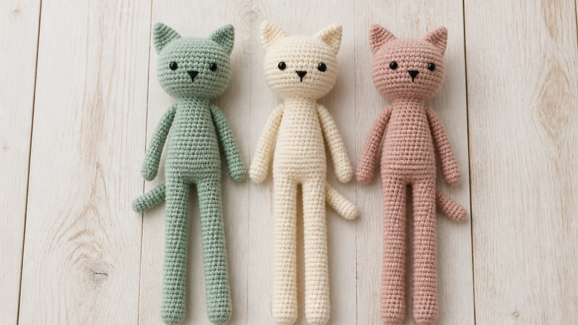 Three long legged crochet cats in mint green cream and dusty pink with pointed ears slim bodies and matching tails on wood.