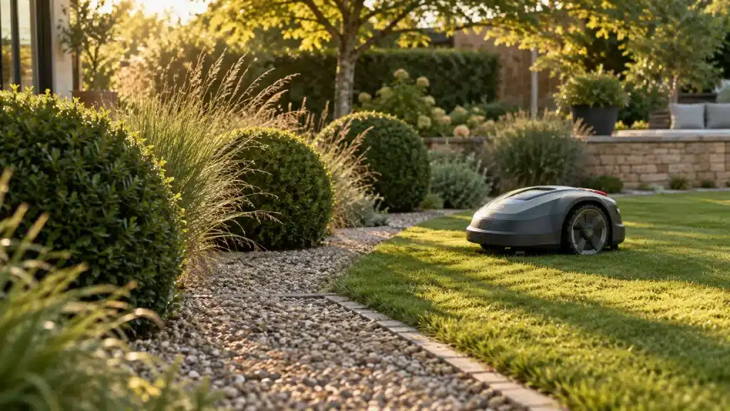 Robotic lawn mower trimming grass in a landscaped garden with sunlight filtering through trees