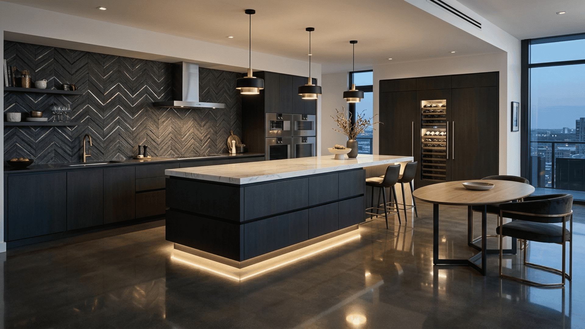 dark luxury kitchen with marble island, black cabinetry, pendant lights, and polished dark flooring