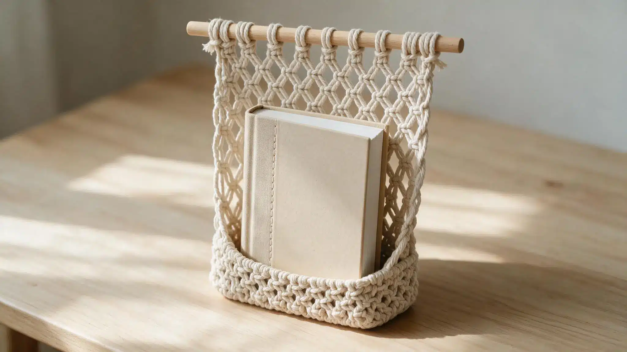 Macrame book holder with woven design supporting an open book on a wooden table
