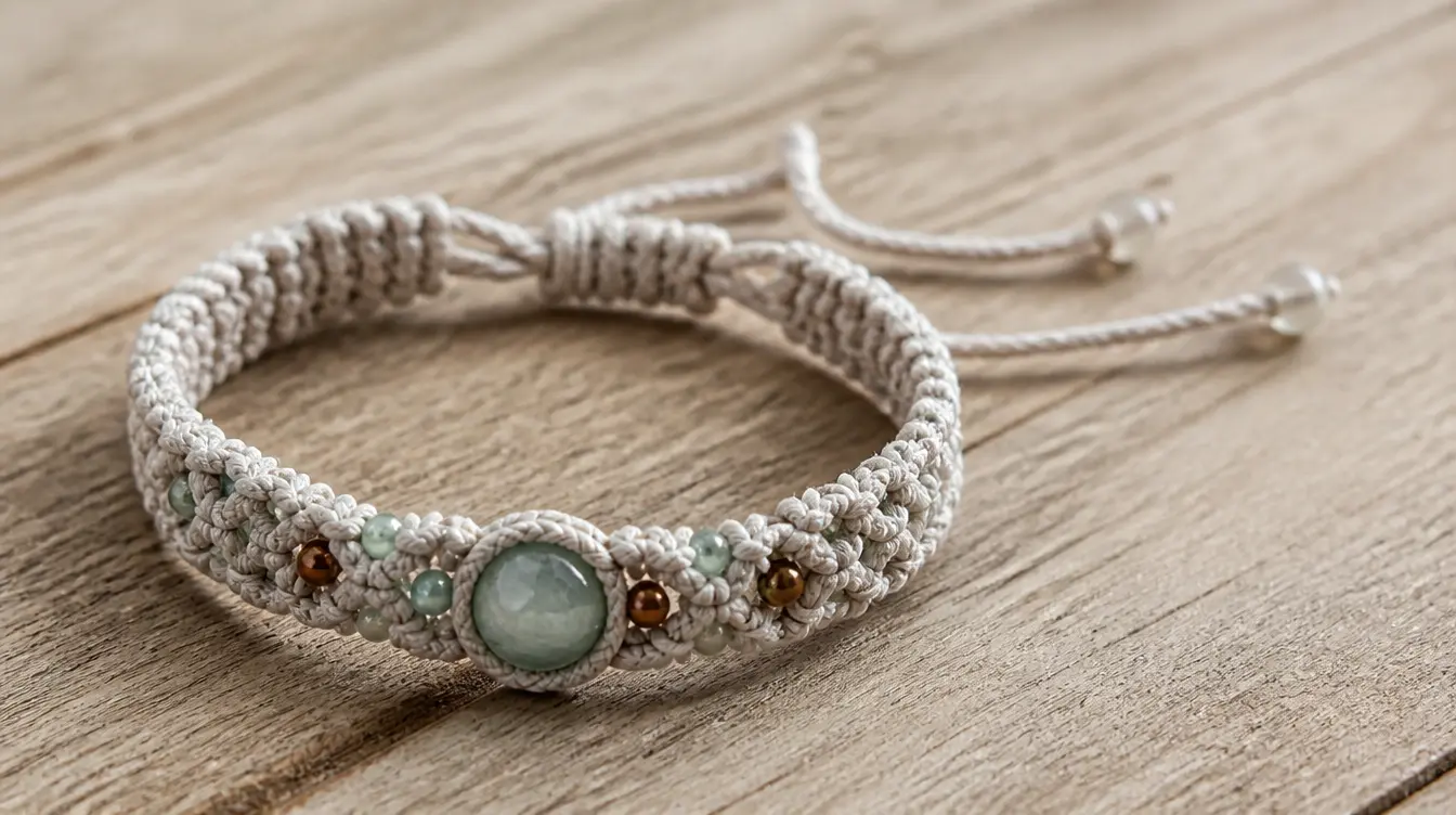 Macrame bracelet decorated with woven patterns beads and green stone