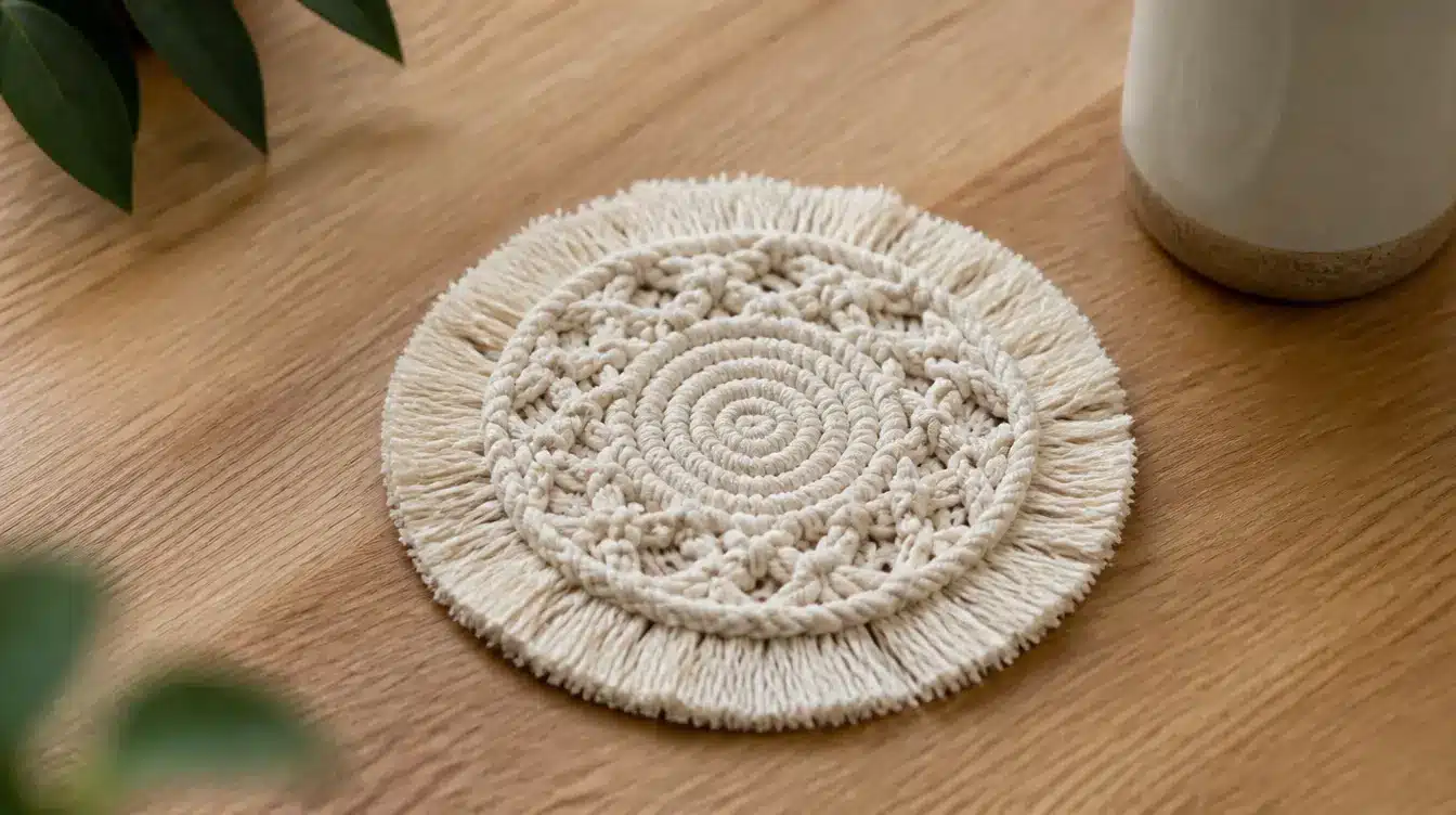 Round macrame coaster with detailed woven patterns and fringe on table