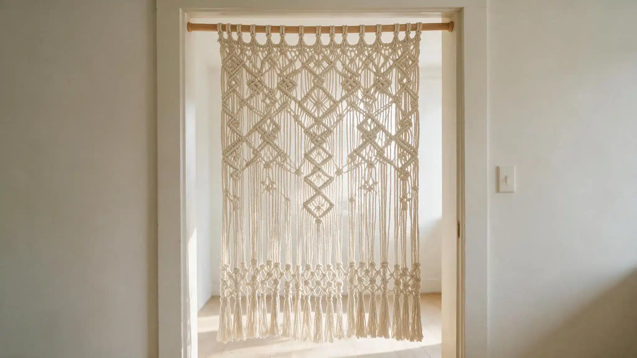Macrame curtain with intricate woven patterns hanging across an interior doorway