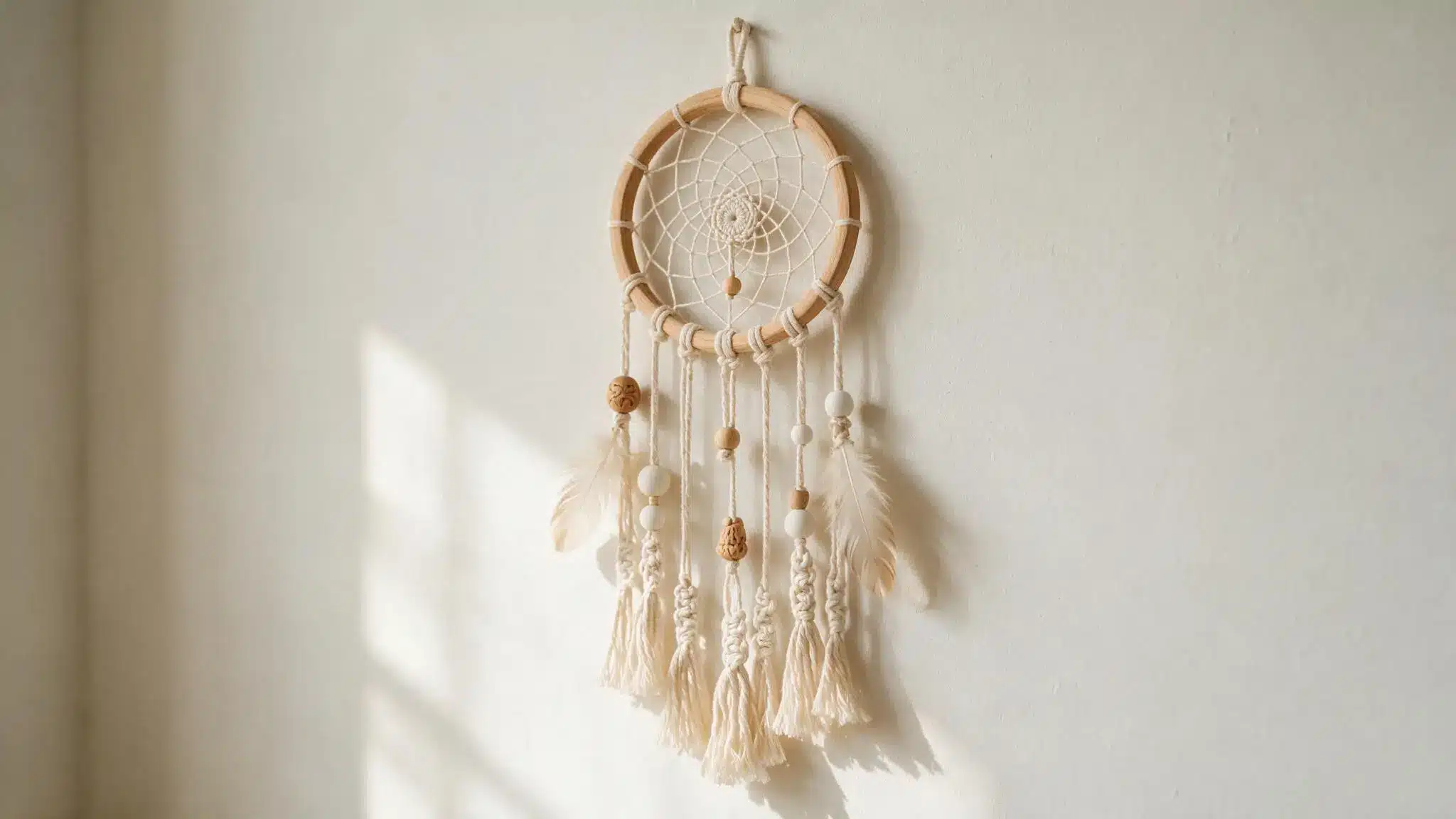 Macrame dream catcher featuring woven center beads feathers and hanging tassels