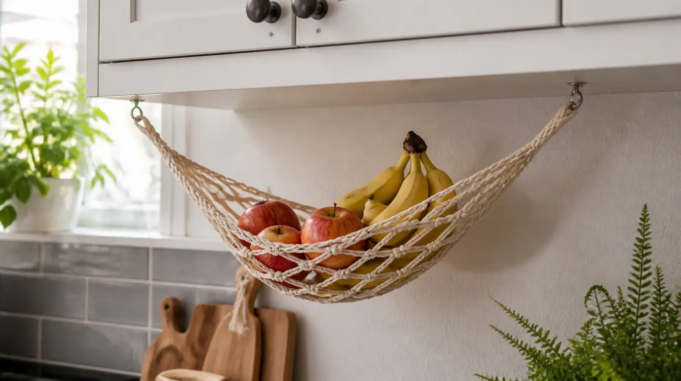 Macrame fruit hammock holding apples and bananas beneath kitchen cabinets