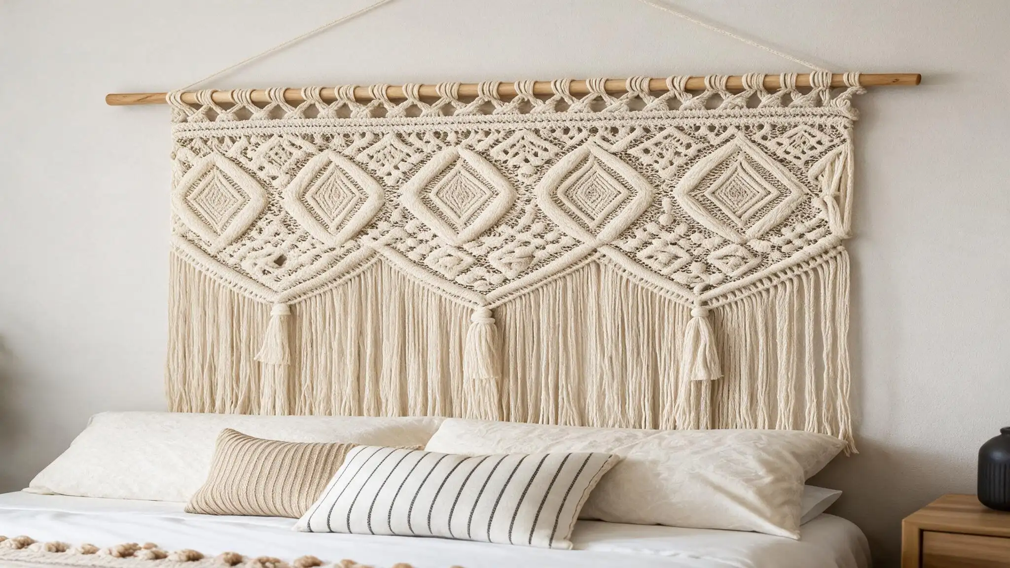 Cream macrame headboard with detailed knots and fringe hanging above a white bed