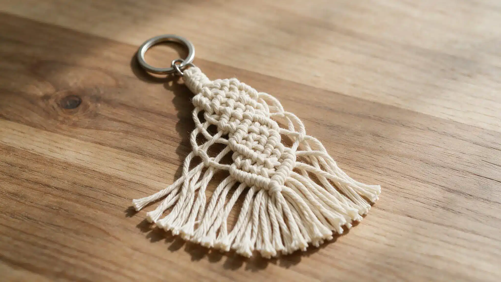 Macrame keychain with knotted design and fringe attached to metal ring