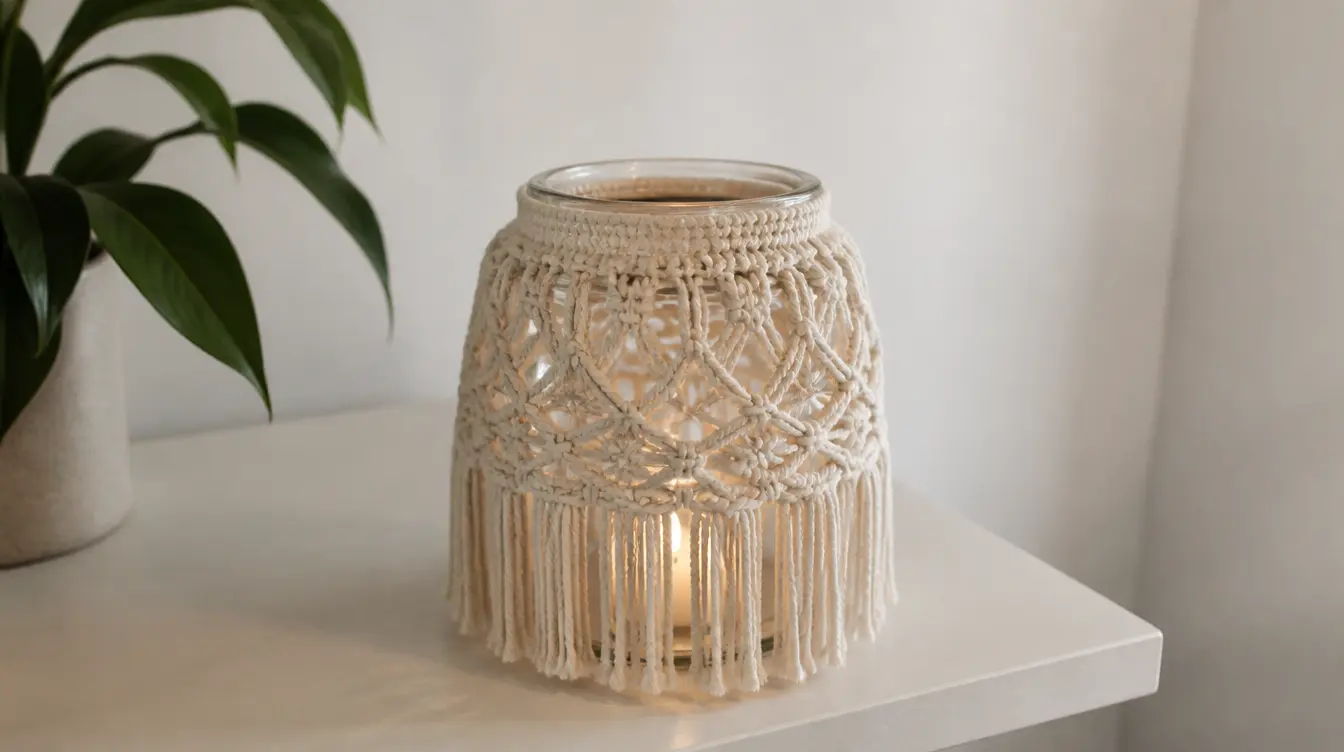 Macrame lantern with intricate knots and fringe surrounding a glowing candle