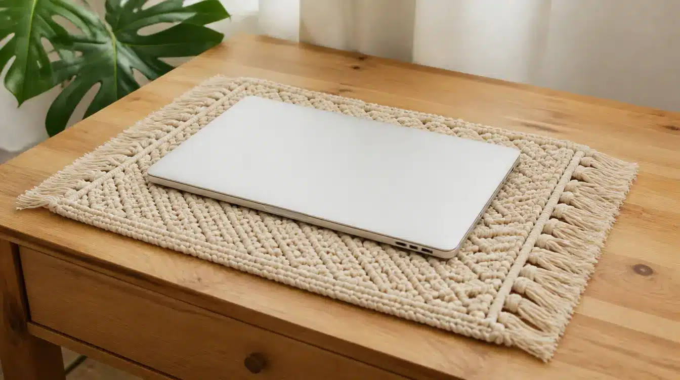 Macrame laptop mat or placemat displayed on a wooden table with laptop
