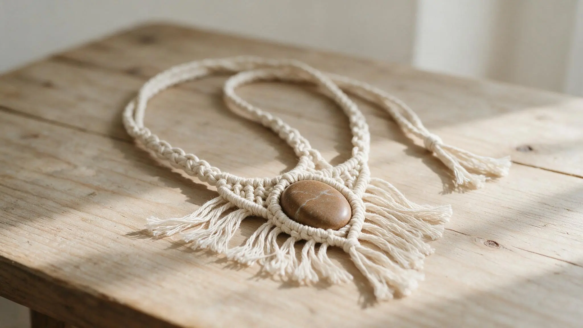 Macrame necklace featuring woven cords fringe and polished stone centerpiece