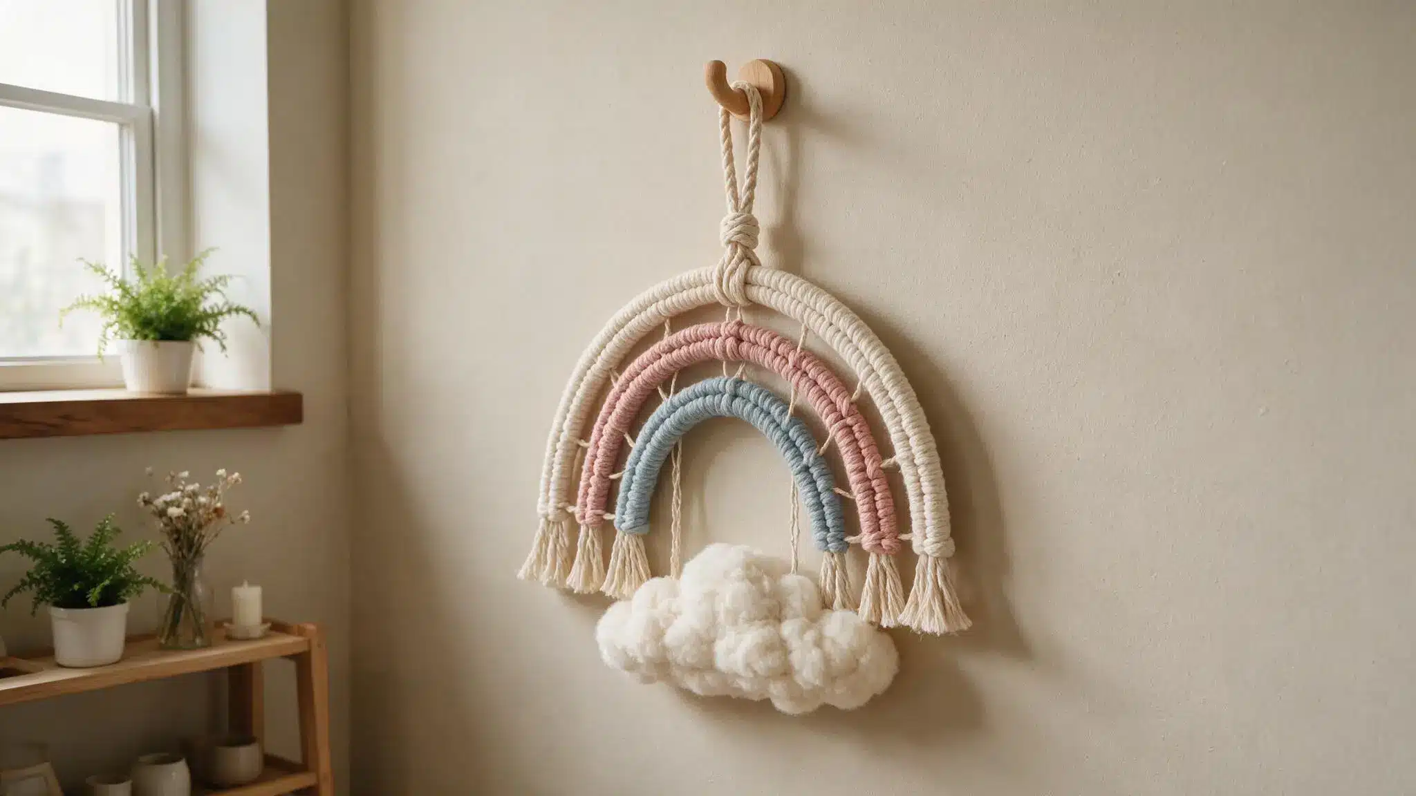 Macrame rainbow wall hanging with pastel arches and fluffy cloud decoration