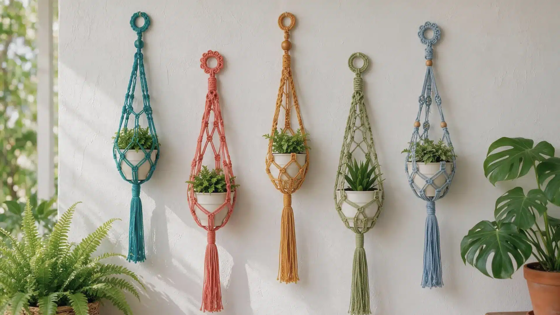 Five macrame style colorful crochet plant hangers holding small green plants on a bright white wall