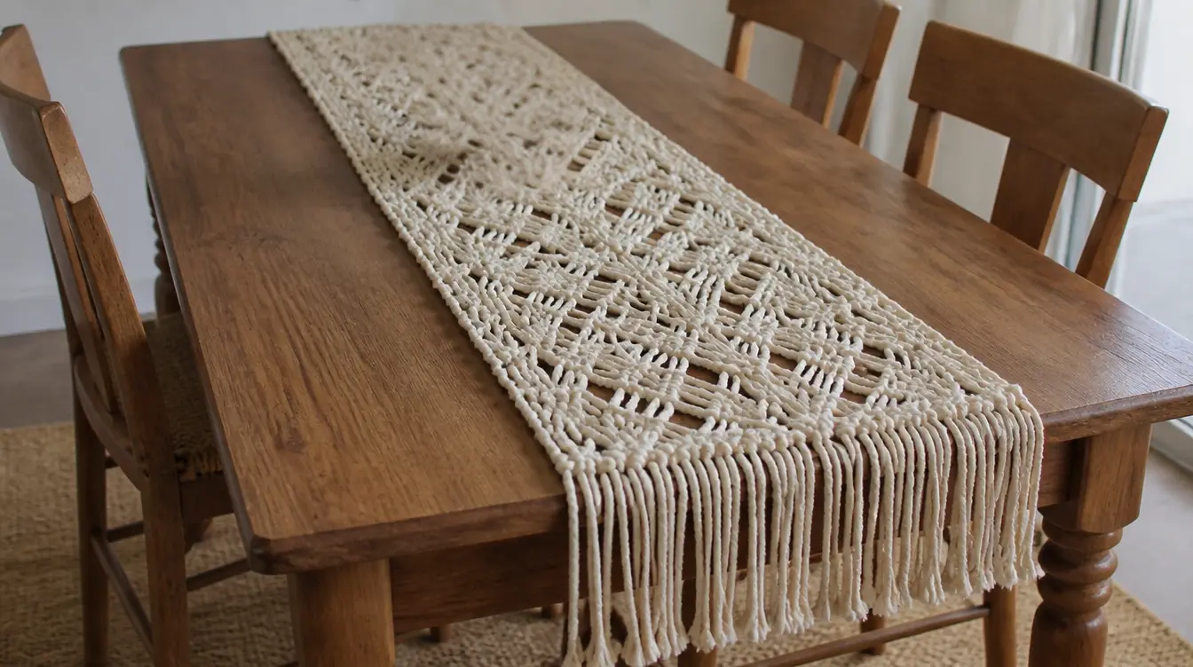 Macrame table runner on a wooden dining table with intricate knots and fringe