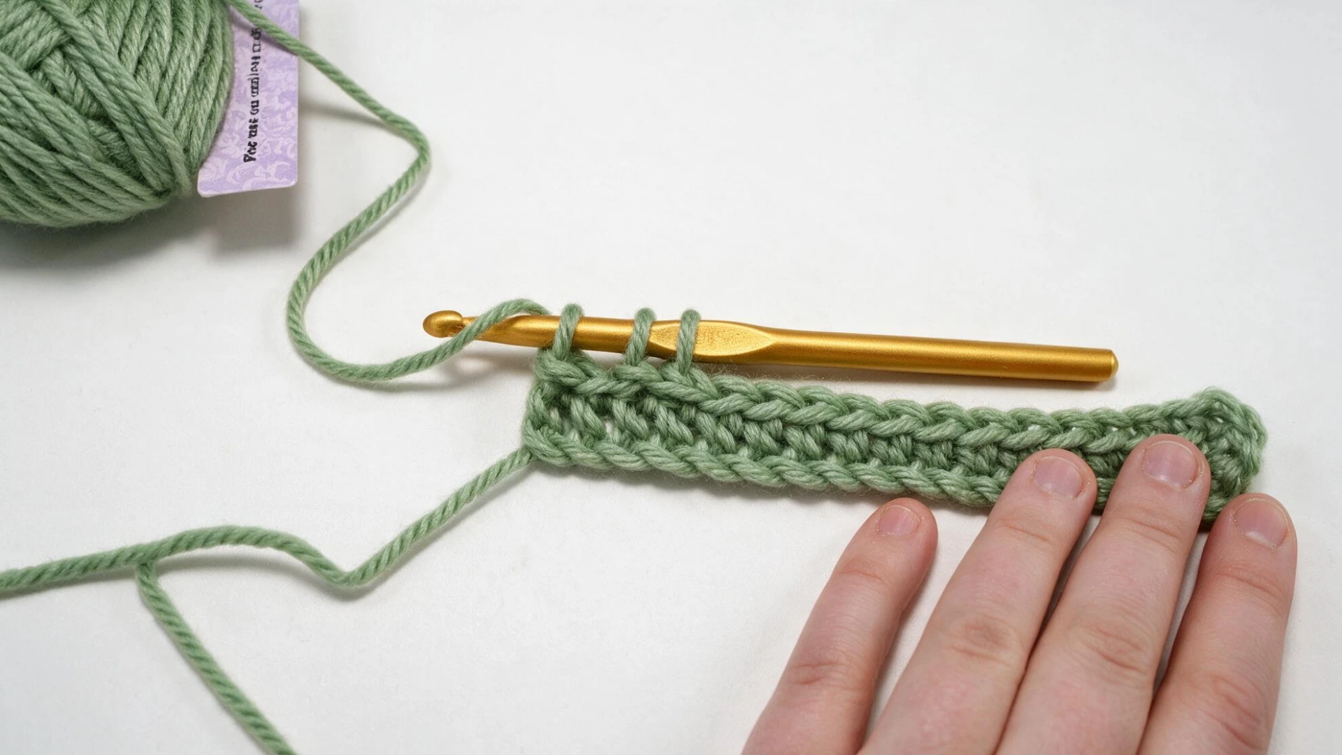 Green yarn foundation row worked with a gold crochet hook before starting the bobble stitch pattern.