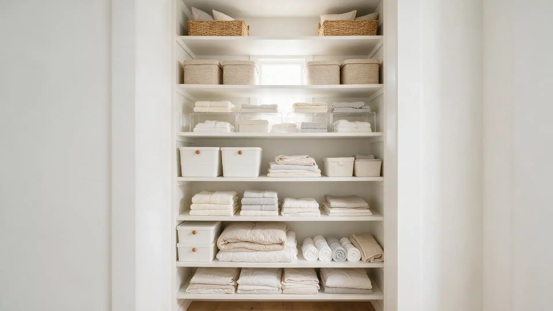 Linen closet using stackable bins shelf risers and extra shelving to maximize vertical storage.
