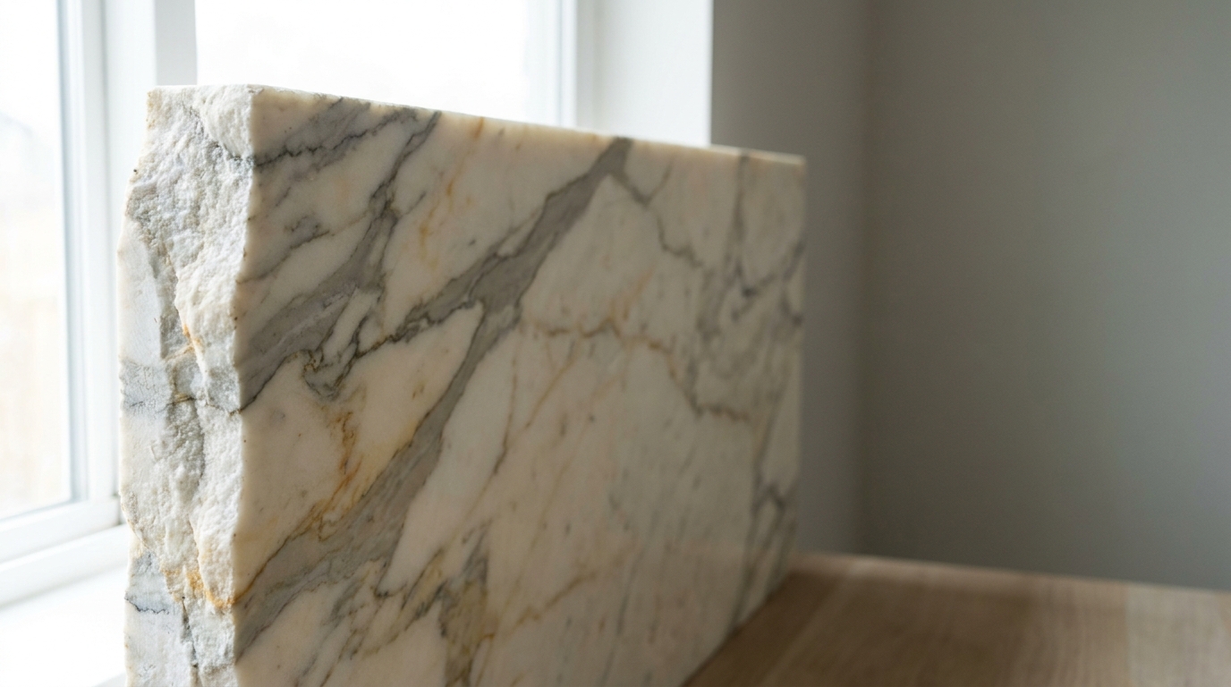 Marble slab with gray veining on wooden surface near window in natural light