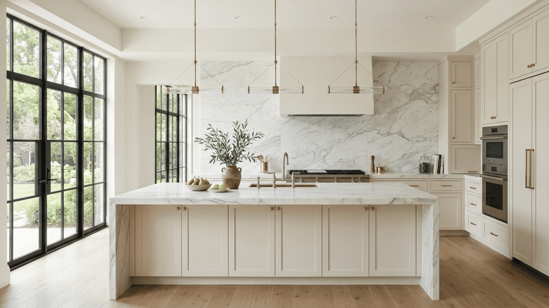 white marble kitchen with full-height stone backsplash, large island, cream cabinets, and oak floors