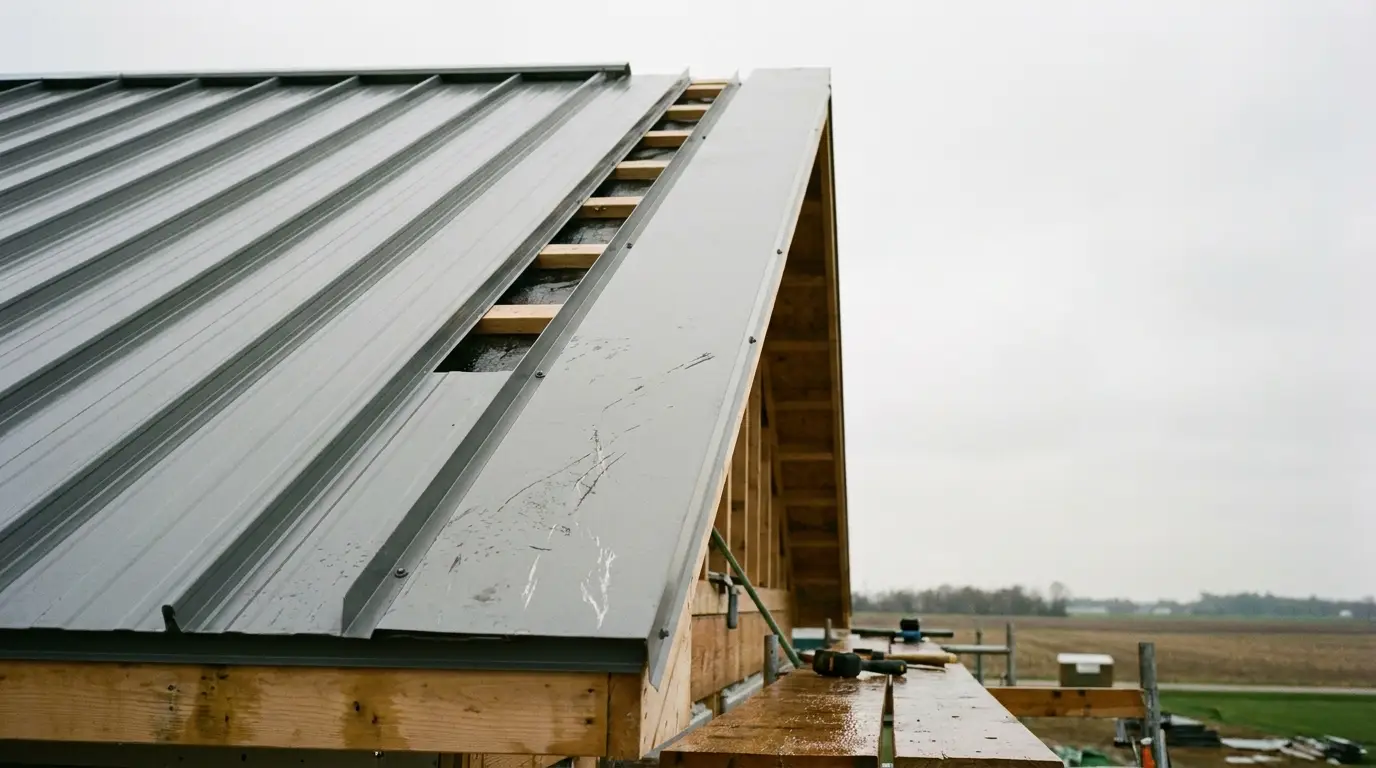 Metal roofing installation on wooden structure under overcast sky in rural area