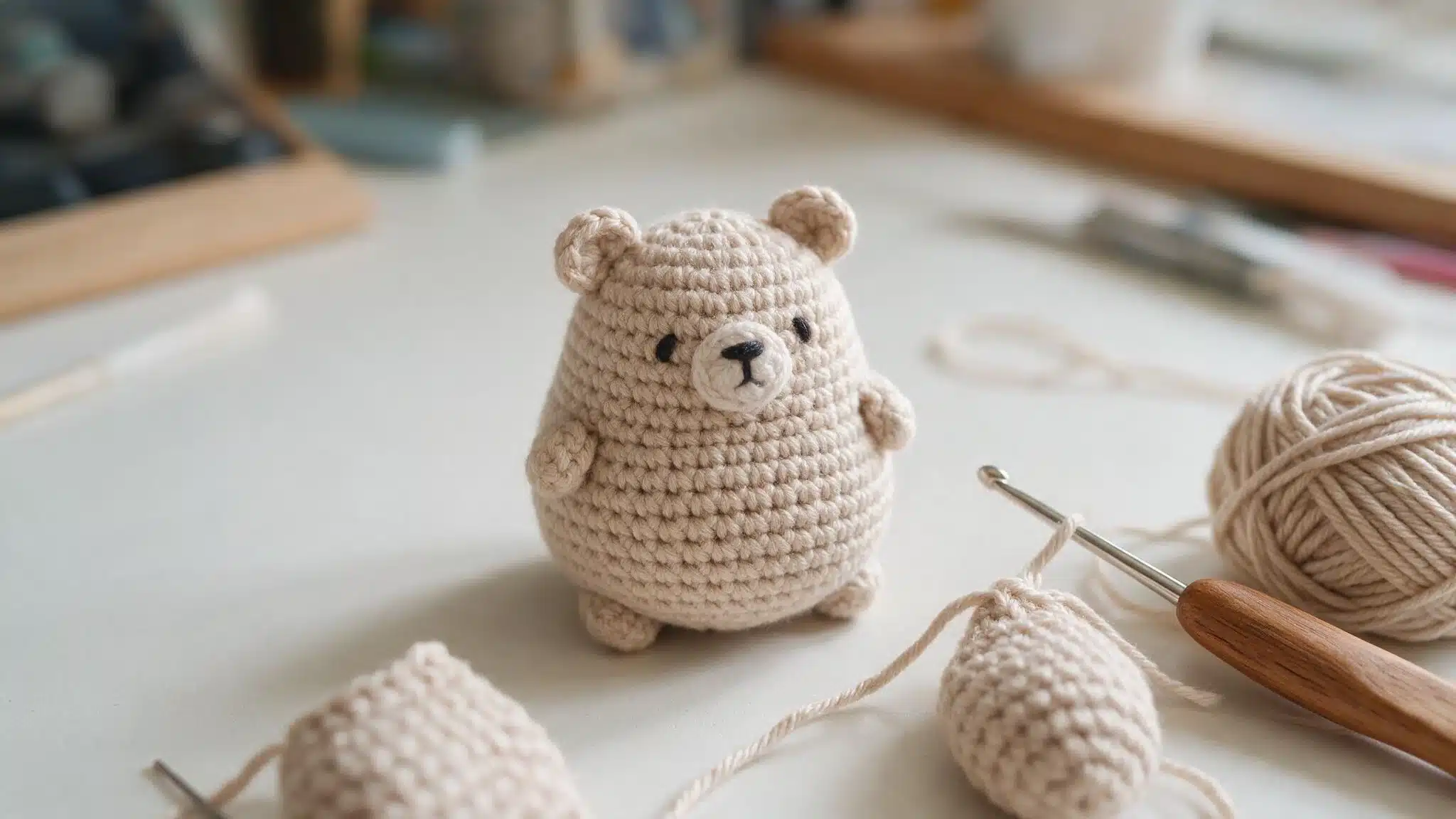 A crochet bear sits on a table surrounded by colorful yarn and crochet tools, showcasing a crafting workspace.