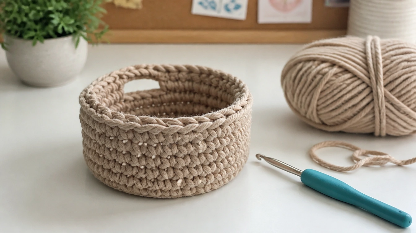 A crochet basket filled with colorful yarn and a crochet needle resting on top.
