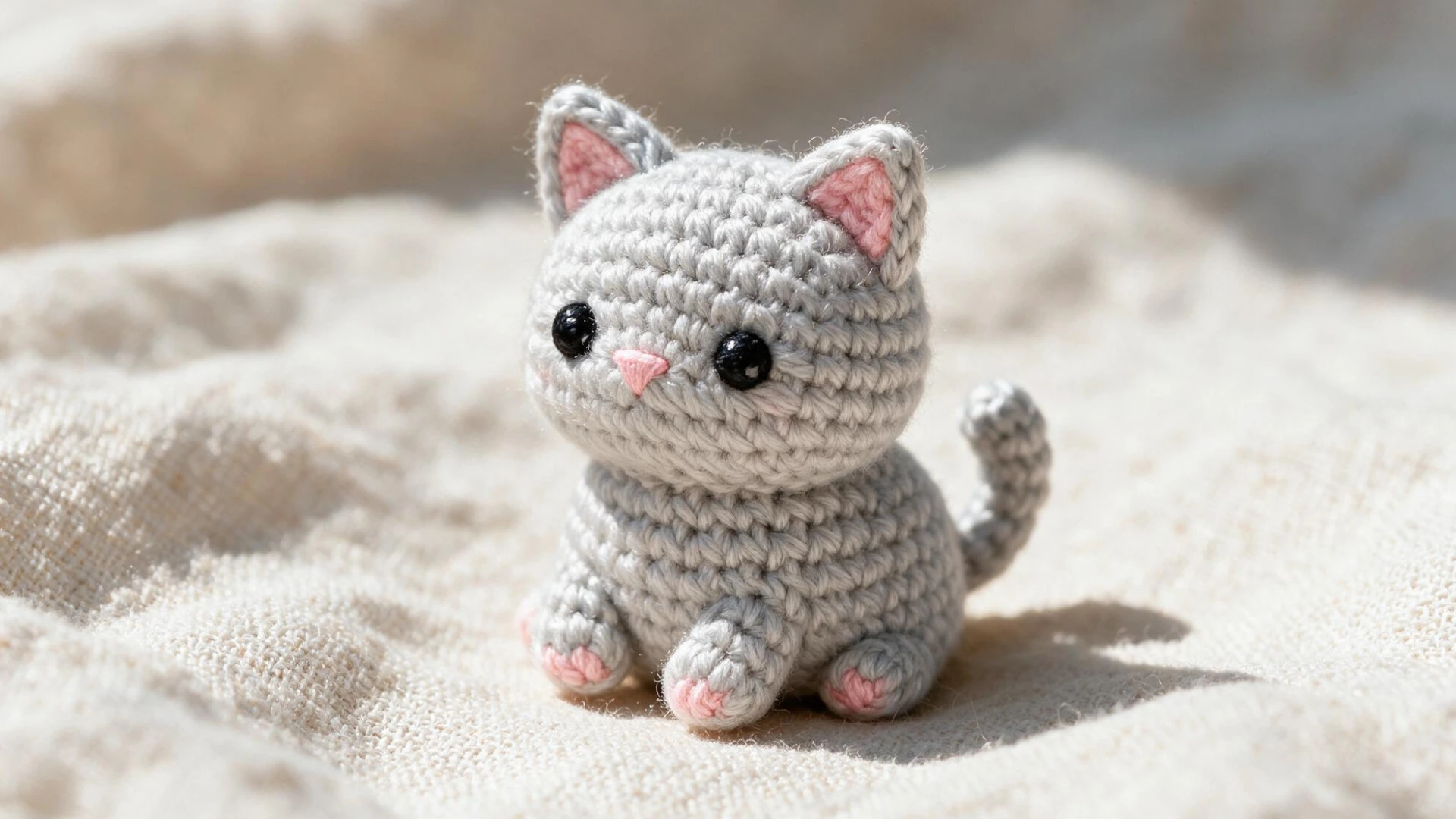 Mini gray crochet cat with pink ears and paws black eyes small tail and tightly stitched amigurumi body on beige fabric.