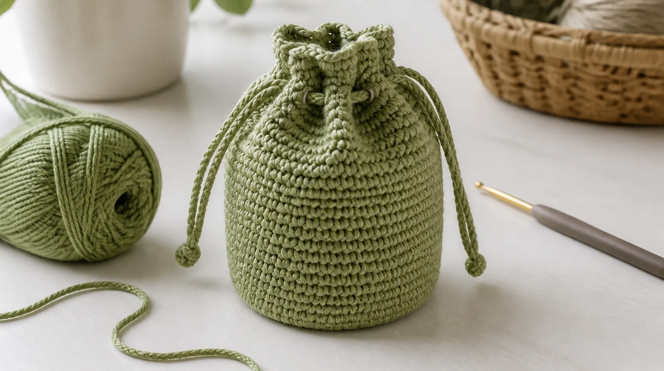 A green crochet bag containing colorful yarn and a crochet hook, showcasing crafting materials for crochet projects.