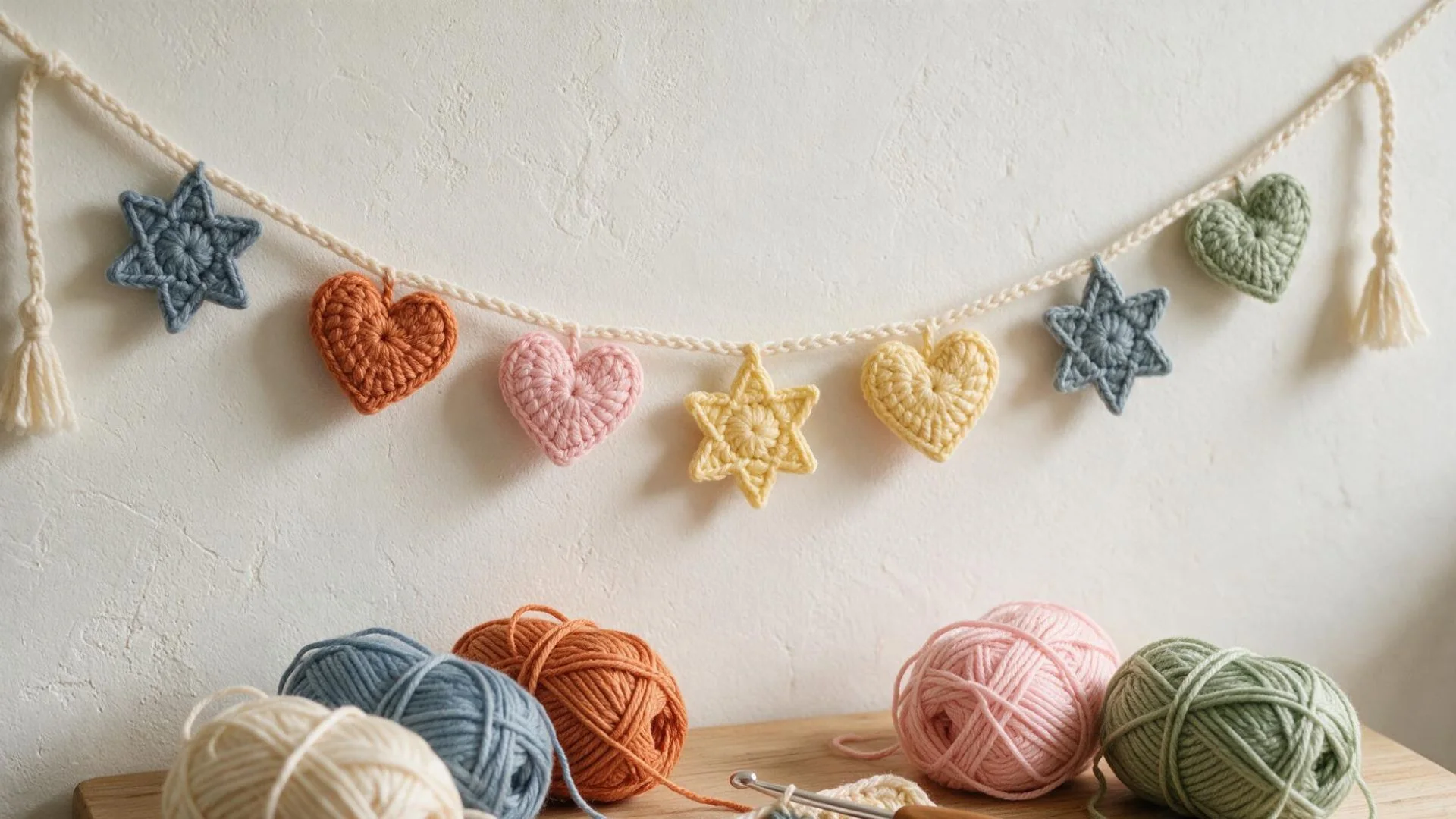 A colorful crochet heart garland displayed against a neutral background, featuring various heart shapes in different colors.