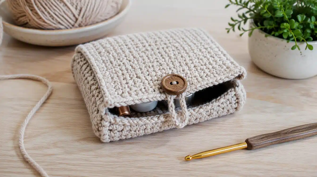 A crochet bag accompanied by a crochet hook and a knitting needle, showcasing crafting tools for yarn projects.