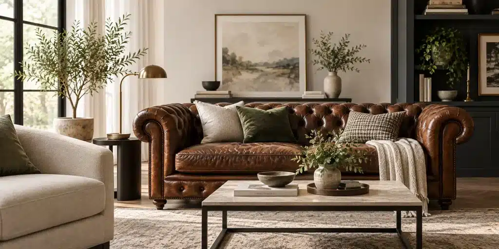 Luxurious brown leather sofa with green cushions in cozy living room setting