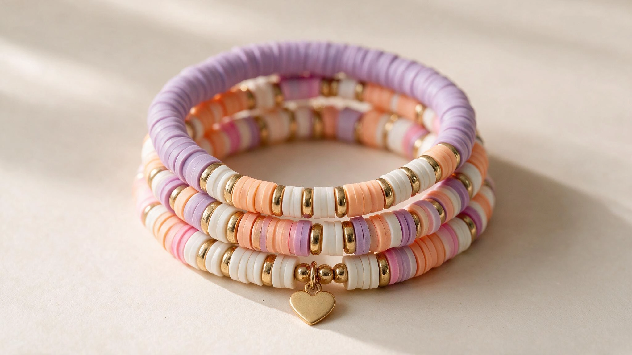 A stack of three bracelets featuring a heart charm, showcasing a mixed and matched aesthetic in various colors and textures.