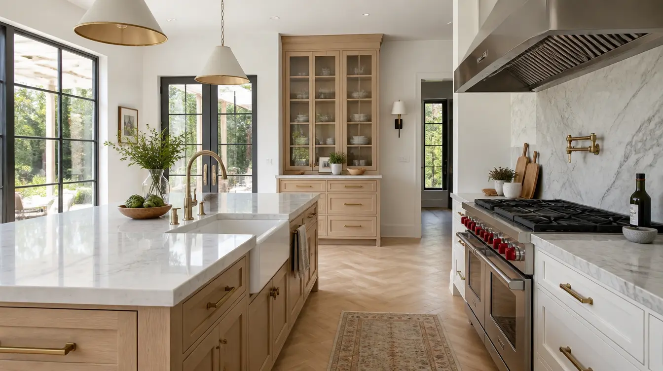 Modern farmhouse kitchen with white cabinets, brass hardware, mixed metal fixtures, and marble countertops