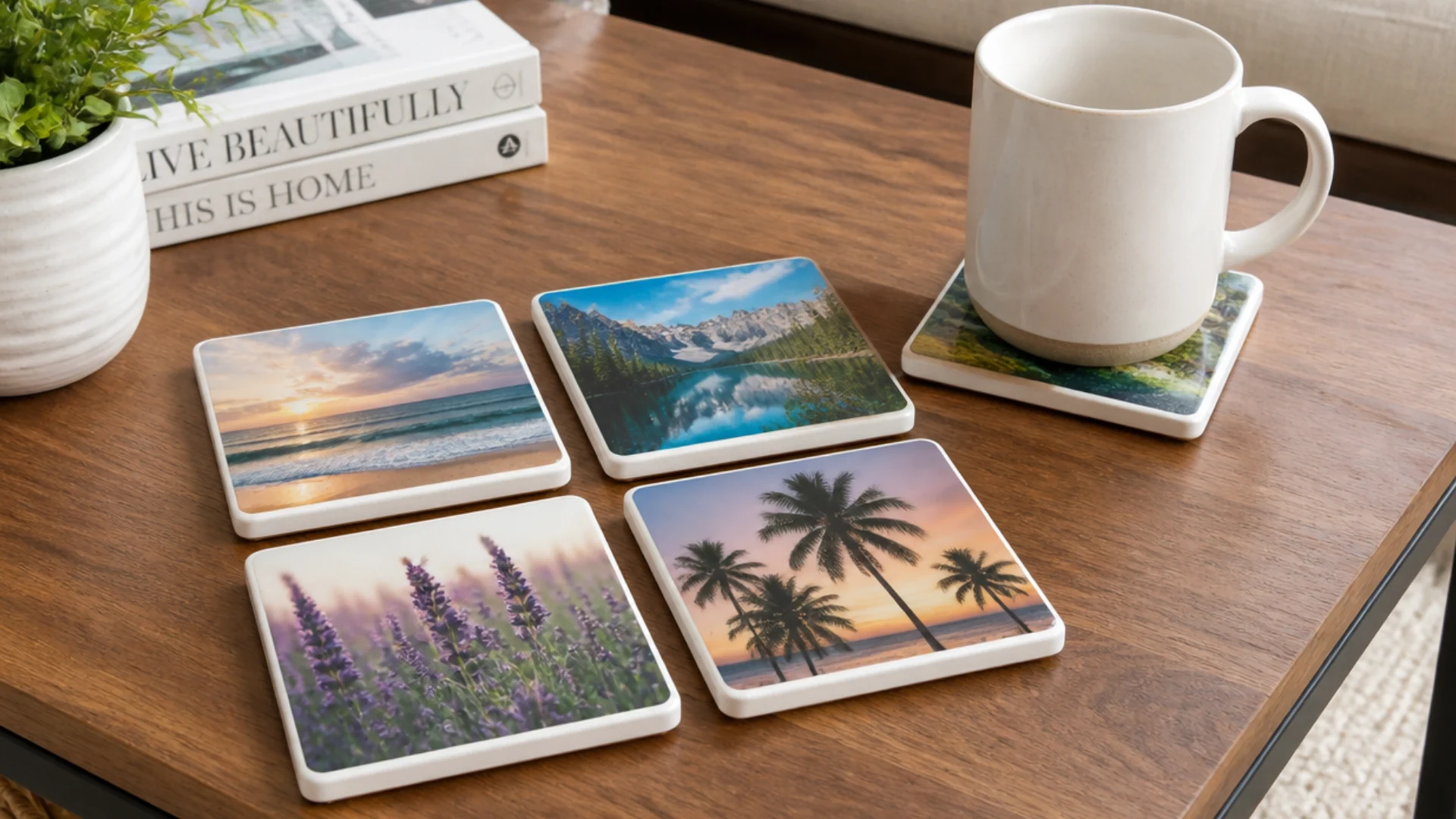 Square photo tile coasters with scenic nature prints arranged on a wooden table beside a white mug.
