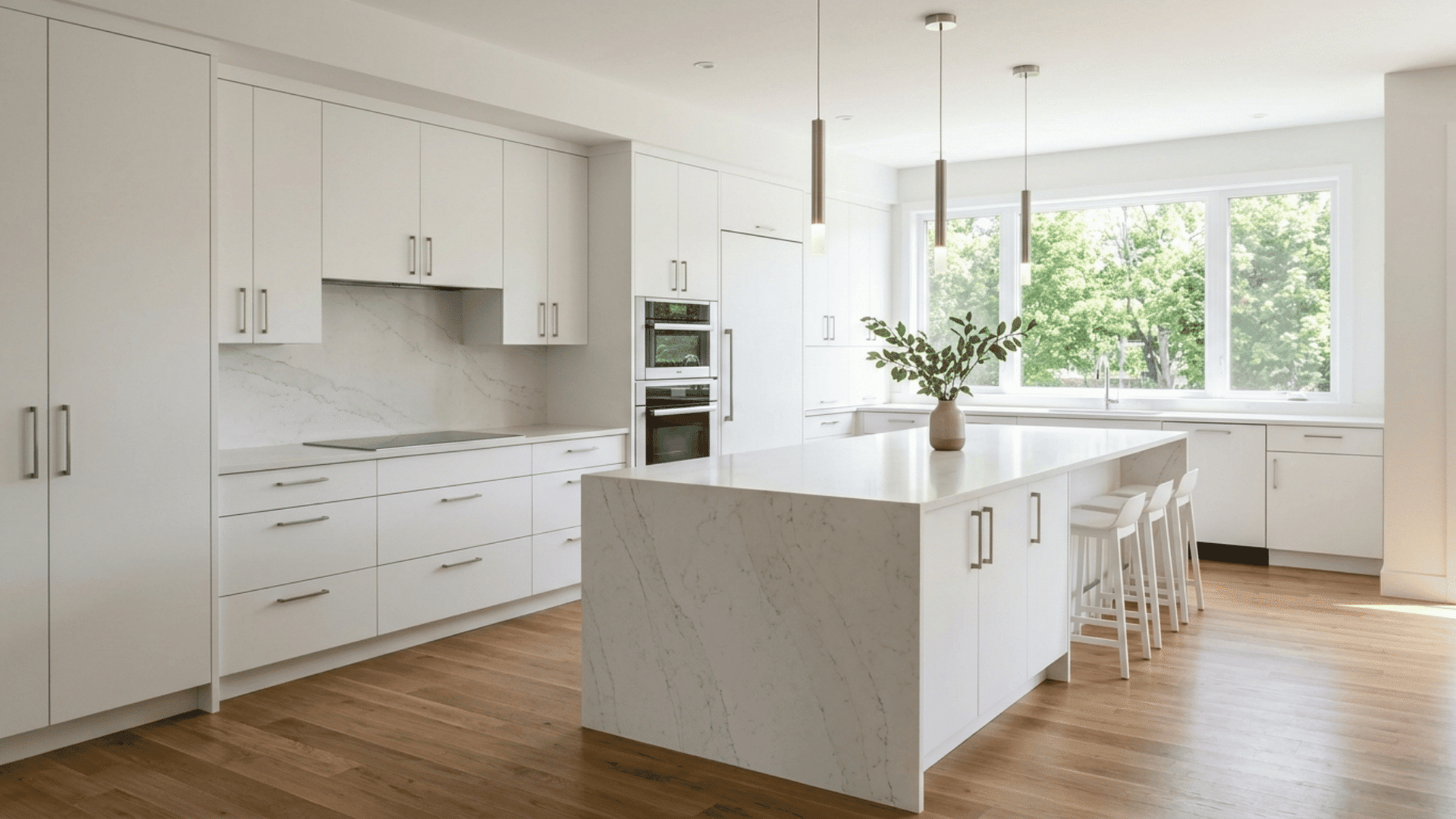 modern white kitchen with waterfall stone island, slim pendant lights, oak flooring, and large windows