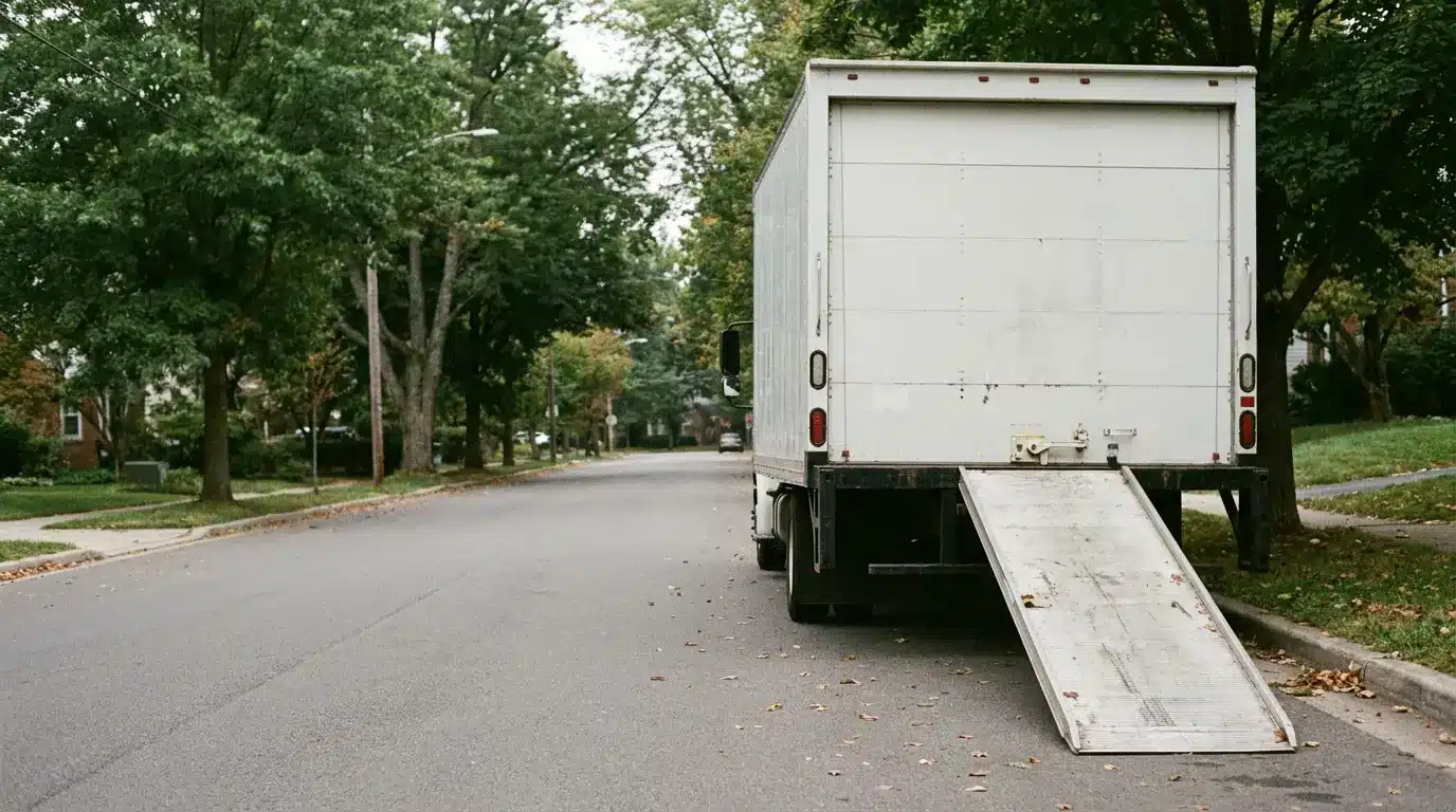 Moving truck with open ramp parked on a suburban street lined with trees