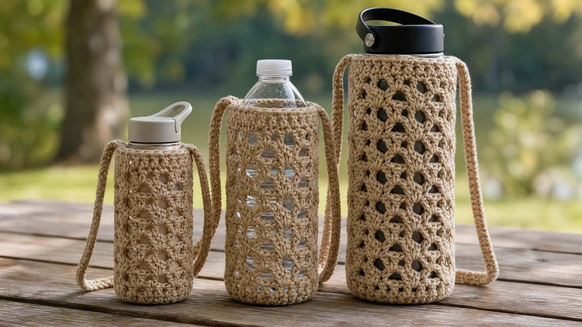 Three beige crochet water bottle holders in different sizes with open mesh patterns and shoulder straps
