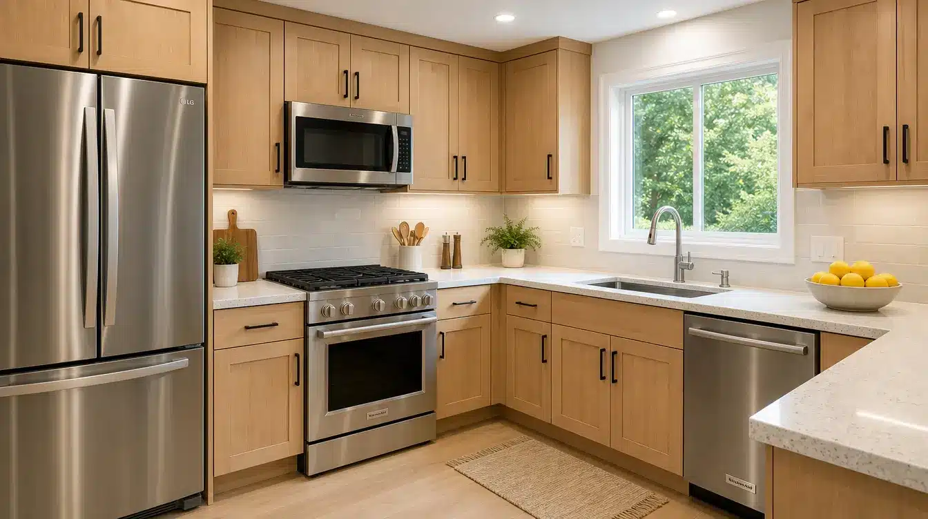 Modern farmhouse kitchen with natural wood cabinets, stainless steel appliances, and white subway tile backsplash.