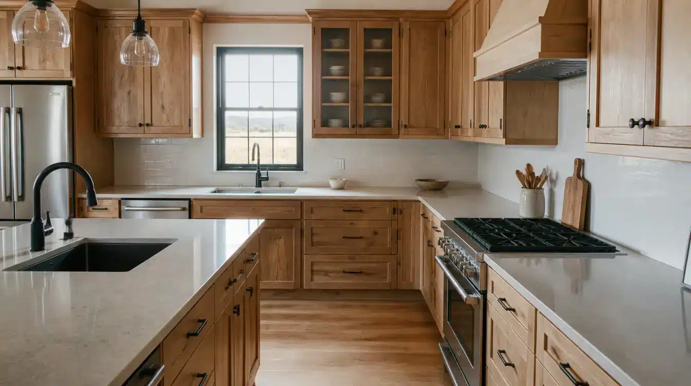 Natural wood farmhouse kitchen with warm cabinets white countertops black hardware and stainless steel appliances